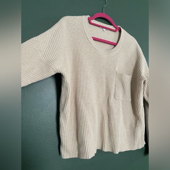 Madewell- cotton blend crewneck boxy fit cream beige ribbed sweater front pocket - Picture 4 of 12